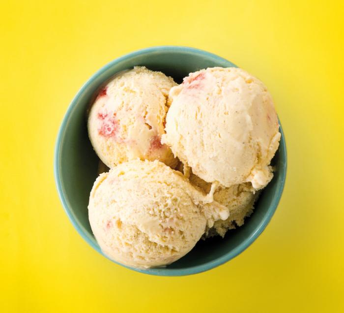 Ice cream in green bowl on yellow table top